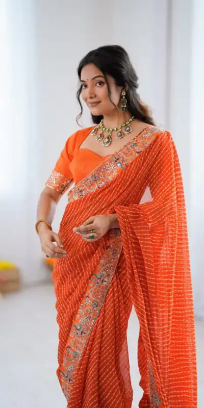 SP 79 Orange Faux Georgette Saree Perfect for Wedding, Party, Lohri, Engagement, Baby Shower – . Now at just ₹1999. Delivery 4-6 Working Days. Shop now | Designer Sarees, Modern Digital sarees, Sarees, Bollywood Sarees, Creative Sarees, Embroidered Sarees, Ethnic Saree, Party Wear Sarees