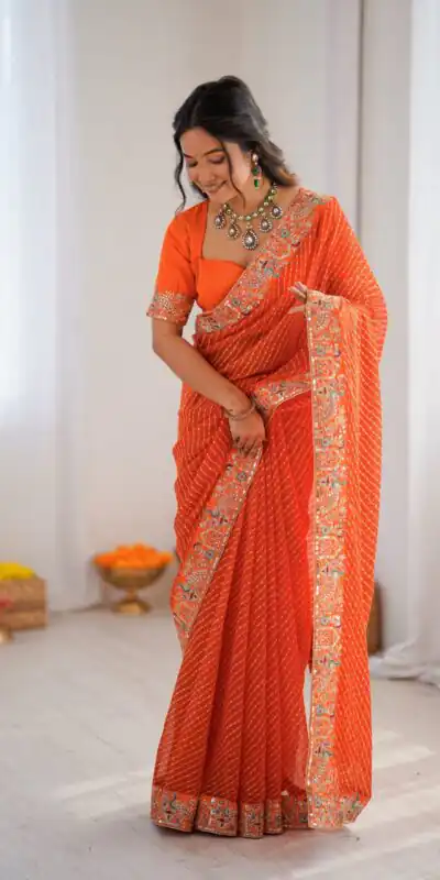 SP 79 Orange Faux Georgette Saree Perfect for Wedding, Party, Lohri, Engagement, Baby Shower – . Now at just ₹1999. Delivery 4-6 Working Days. Shop now | Designer Sarees, Modern Digital sarees, Sarees, Bollywood Sarees, Creative Sarees, Embroidered Sarees, Ethnic Saree, Party Wear Sarees