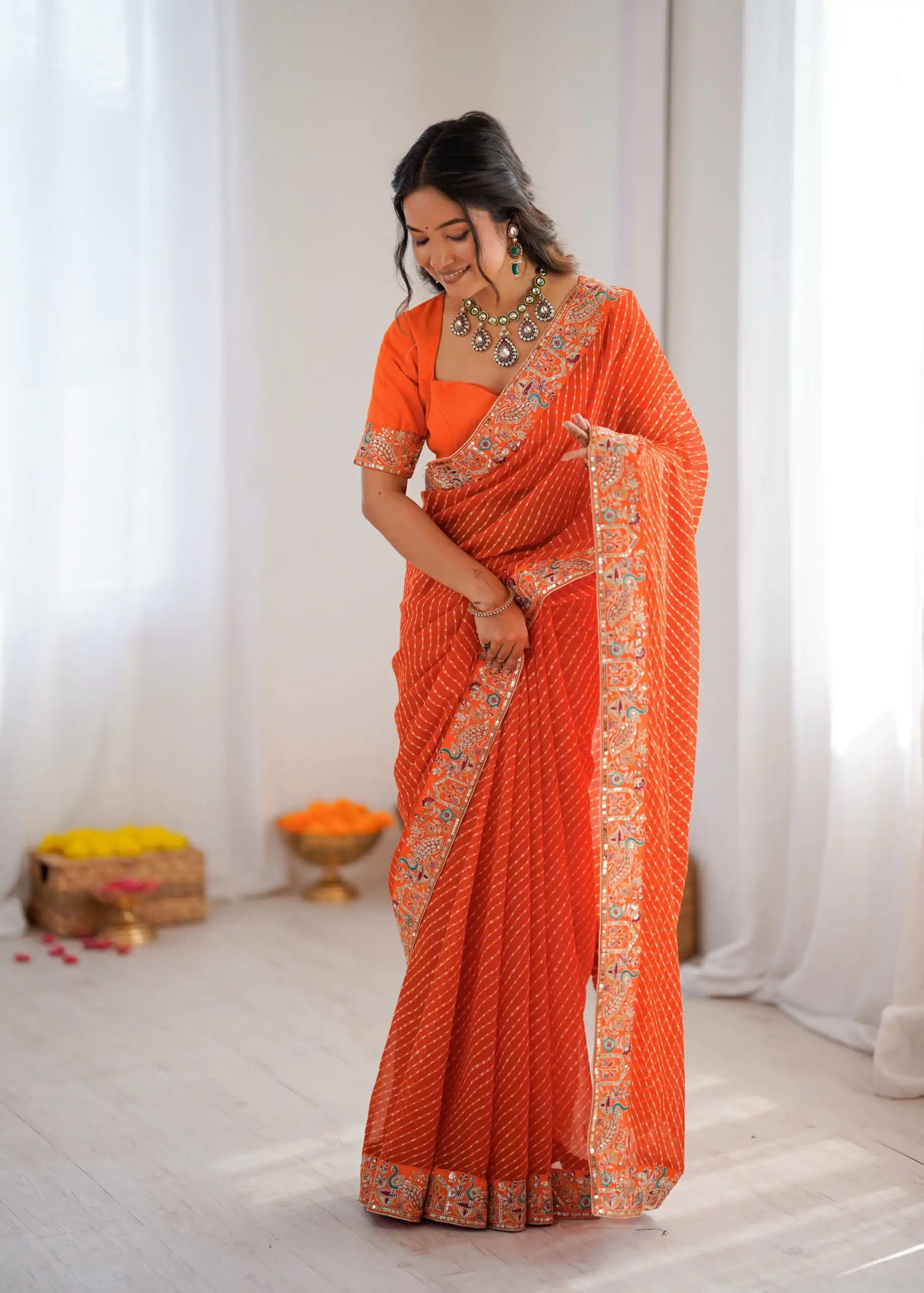 SP 79 Orange Faux Georgette Saree Perfect for Wedding, Party, Lohri, Engagement, Baby Shower – . Now at just ₹1999. Delivery 4-6 Working Days. Shop now | Designer Sarees, Modern Digital sarees, Sarees, Bollywood Sarees, Creative Sarees, Embroidered Sarees, Ethnic Saree, Party Wear Sarees