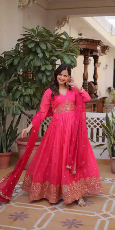 KA 1235 Pink Color Russian Silk Gown with Zari Work & Embroidery Work. Now at just ₹2499. Delivery 4-6 Working Days. Shop now. | Gowns, Bollywood Gowns, Creative Gowns, Designer Gowns, Embroidered Gowns, Party Wear Gowns