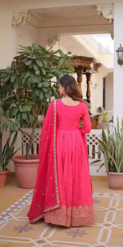 KA 1235 Pink Color Russian Silk Gown with Zari Work & Embroidery Work. Now at just ₹2499. Delivery 4-6 Working Days. Shop now. | Gowns, Bollywood Gowns, Creative Gowns, Designer Gowns, Embroidered Gowns, Party Wear Gowns