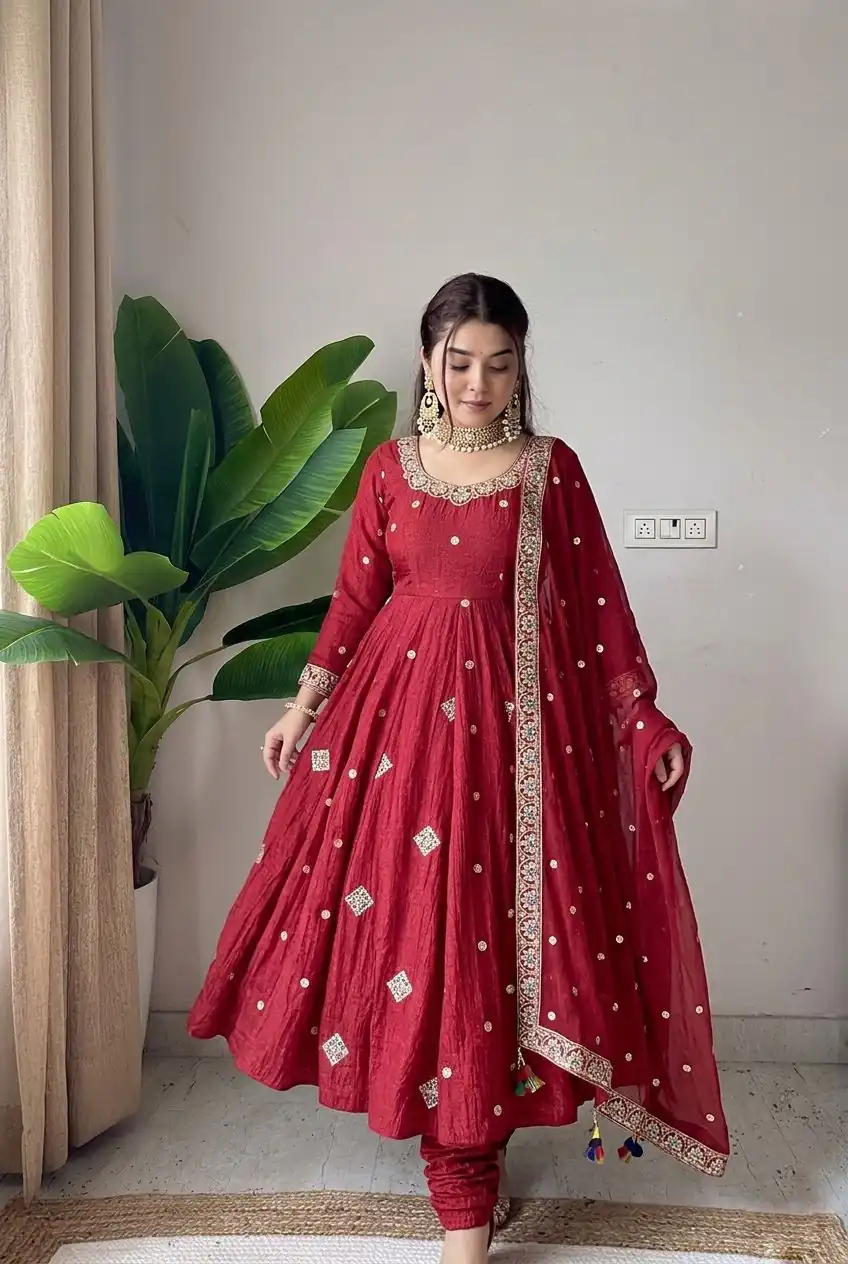 SRK 5351 Red Crunchy Silk Gown Perfect for Wedding, Party, Haldi, Anniversary, Holi – . Affordable Price ₹2149. Delivery 4-6 Working Days. Shop now. | Gowns, Bollywood Gowns, Creative Gowns, Designer Gowns, Embroidered Gowns, Party Wear Gowns