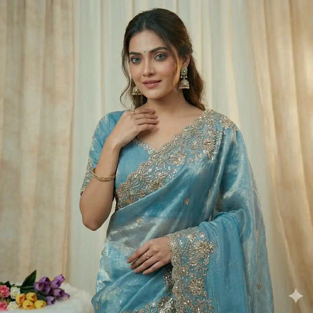 JR 670 Sky Blue in Space Silk Embroidery Work & Zari Work Saree . Available at ₹1949 only. Delivery 4-6 Working Days. Shop now. | Designer Sarees, Modern Digital sarees, Sarees, Bollywood Sarees, Creative Sarees, Embroidered Sarees, Ethnic Saree, Party Wear Sarees