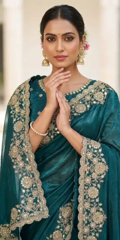 JR 670 Teal in Space Silk Embroidery Work & Zari Work Saree . Available at ₹1949 only. Delivery 4-6 Working Days. Shop now. | Designer Sarees, Modern Digital sarees, Sarees, Bollywood Sarees, Creative Sarees, Embroidered Sarees, Ethnic Saree, Party Wear Sarees