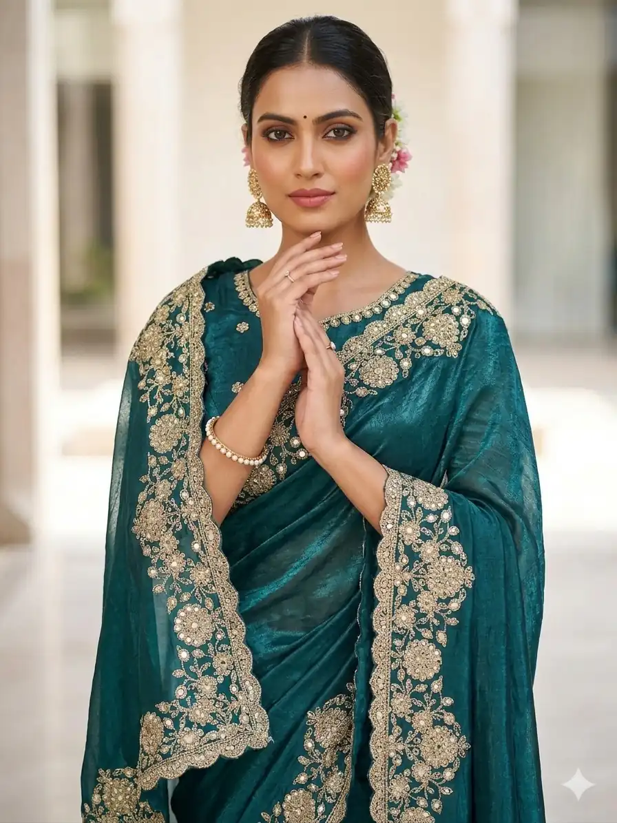 JR 670 Teal in Space Silk Embroidery Work & Zari Work Saree . Available at ₹1949 only. Delivery 4-6 Working Days. Shop now. | Designer Sarees, Modern Digital sarees, Sarees, Bollywood Sarees, Creative Sarees, Embroidered Sarees, Ethnic Saree, Party Wear Sarees