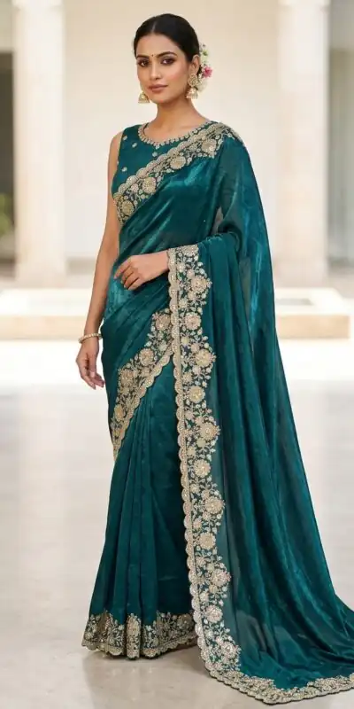 JR 670 Teal in Space Silk Embroidery Work & Zari Work Saree . Available at ₹1949 only. Delivery 4-6 Working Days. Shop now. | Designer Sarees, Modern Digital sarees, Sarees, Bollywood Sarees, Creative Sarees, Embroidered Sarees, Ethnic Saree, Party Wear Sarees