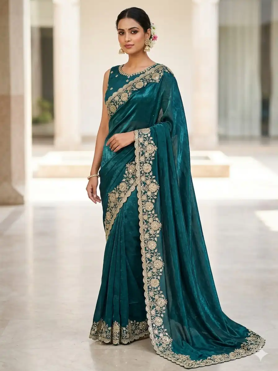 JR 670 Teal in Space Silk Embroidery Work & Zari Work Saree . Available at ₹1949 only. Delivery 4-6 Working Days. Shop now. | Designer Sarees, Modern Digital sarees, Sarees, Bollywood Sarees, Creative Sarees, Embroidered Sarees, Ethnic Saree, Party Wear Sarees