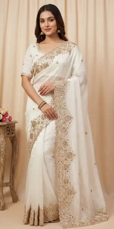 JR 670 White in Space Silk Embroidery Work & Zari Work Saree . Available at ₹1949 only. Delivery 4-6 Working Days. Shop now. | Designer Sarees, Modern Digital sarees, Sarees, Bollywood Sarees, Creative Sarees, Embroidered Sarees, Ethnic Saree, Party Wear Sarees