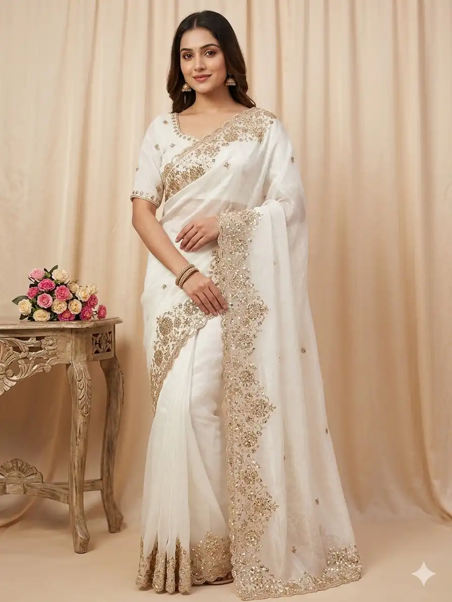JR 670 White in Space Silk Embroidery Work & Zari Work Saree . Available at ₹1949 only. Delivery 4-6 Working Days. Shop now. | Designer Sarees, Modern Digital sarees, Sarees, Bollywood Sarees, Creative Sarees, Embroidered Sarees, Ethnic Saree, Party Wear Sarees