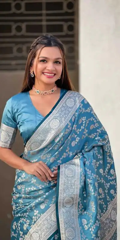 KPR 290 Blue in Soft Lichi Silk Jacquard Work Designer Work Saree . Exclusive Offer ₹1349. Delivery 4-6 Working Days. Shop now. | Designer Sarees, Modern Digital sarees, Sarees, Bollywood Sarees, Creative Sarees, Embroidered Sarees, Ethnic Saree, Party Wear Sarees