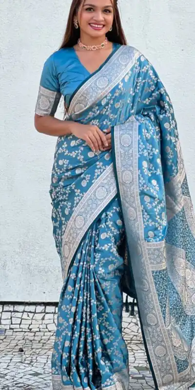 KPR 290 Blue in Soft Lichi Silk Jacquard Work Designer Work Saree . Exclusive Offer ₹1349. Delivery 4-6 Working Days. Shop now. | Designer Sarees, Modern Digital sarees, Sarees, Bollywood Sarees, Creative Sarees, Embroidered Sarees, Ethnic Saree, Party Wear Sarees