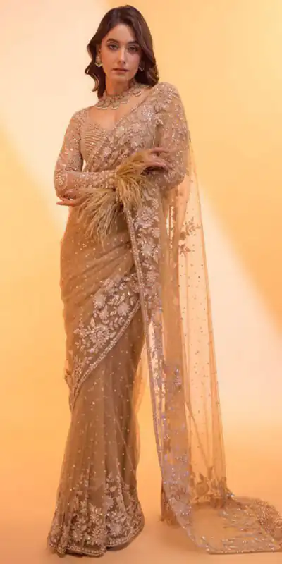 DF 3472 Gold Butterfly Net Saree Sequence with Work & Zari Work. Introductory Price ₹1799. Delivery 4-6 Working Days. Shop now. | Designer Sarees, Modern Digital sarees, Sarees, Bollywood Sarees, Creative Sarees, Embroidered Sarees, Ethnic Saree, Party Wear Sarees
