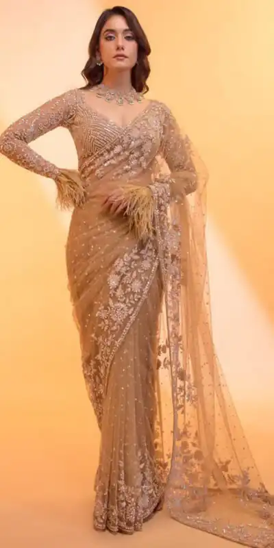DF 3472 Gold Butterfly Net Saree Sequence with Work & Zari Work. Introductory Price ₹1799. Delivery 4-6 Working Days. Shop now. | Designer Sarees, Modern Digital sarees, Sarees, Bollywood Sarees, Creative Sarees, Embroidered Sarees, Ethnic Saree, Party Wear Sarees