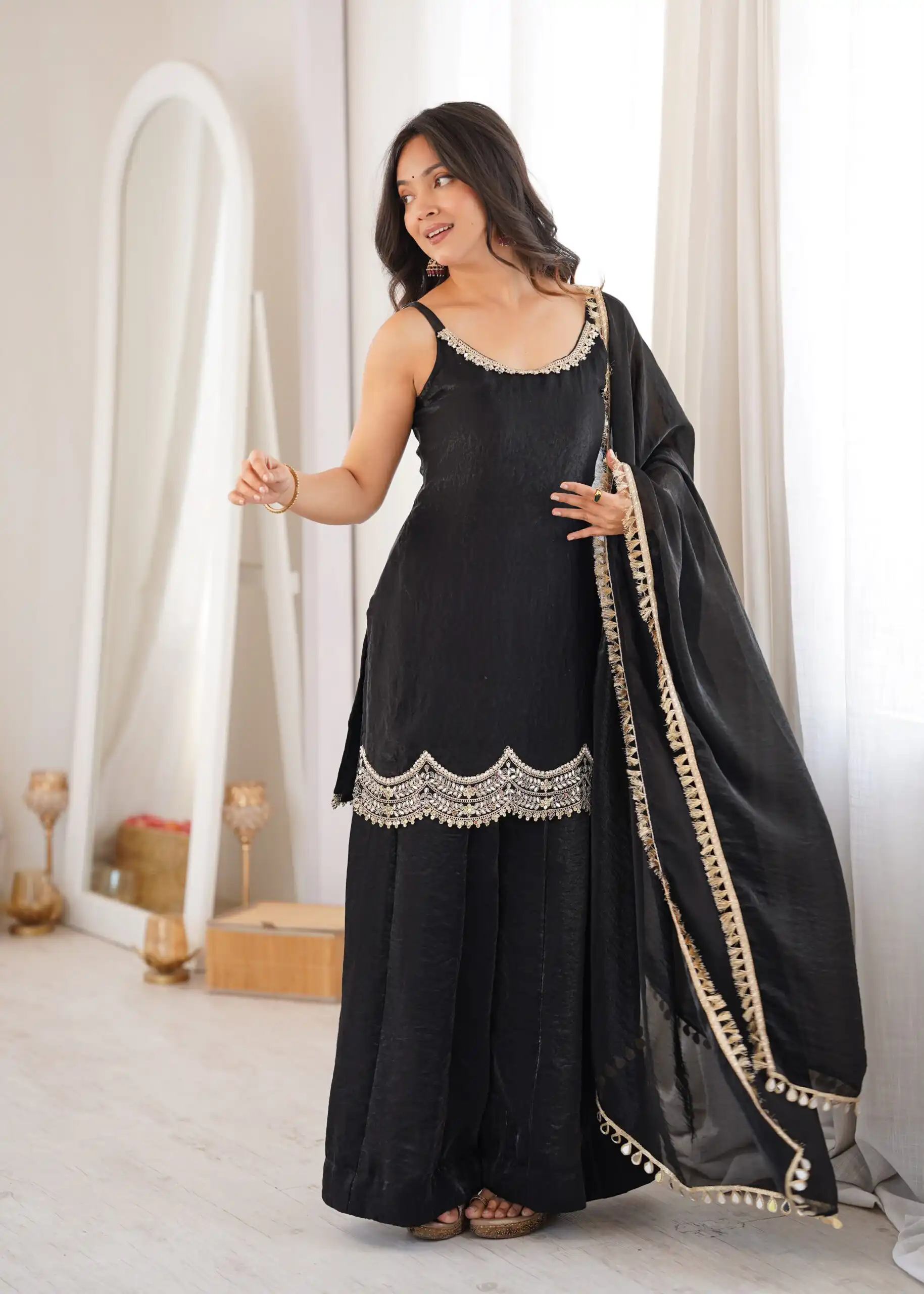 Aglow Black Fendy Silk ⁠Embroidery Mirror Work Salwar Suit - Image 17