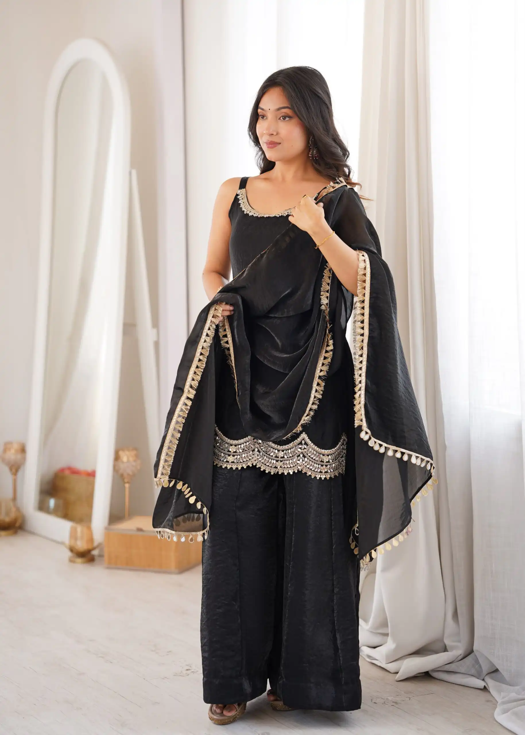 Aglow Black Fendy Silk ⁠Embroidery Mirror Work Salwar Suit - Image 3