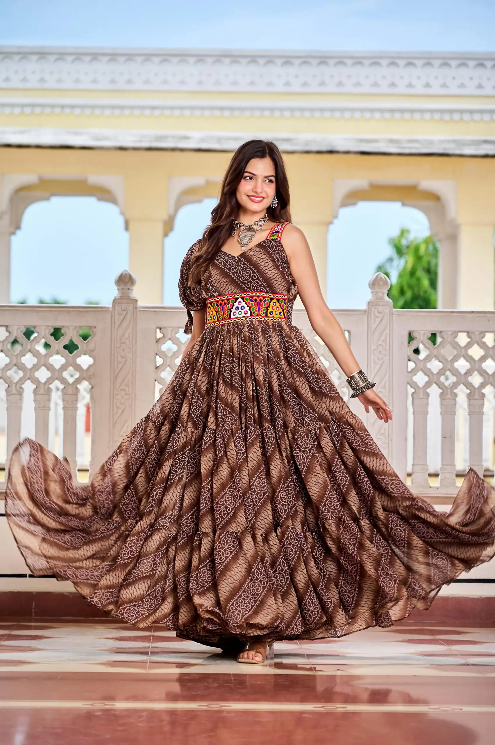 Aglow Brown Faux Georgette Printed Mirror Work Gown - Image 5