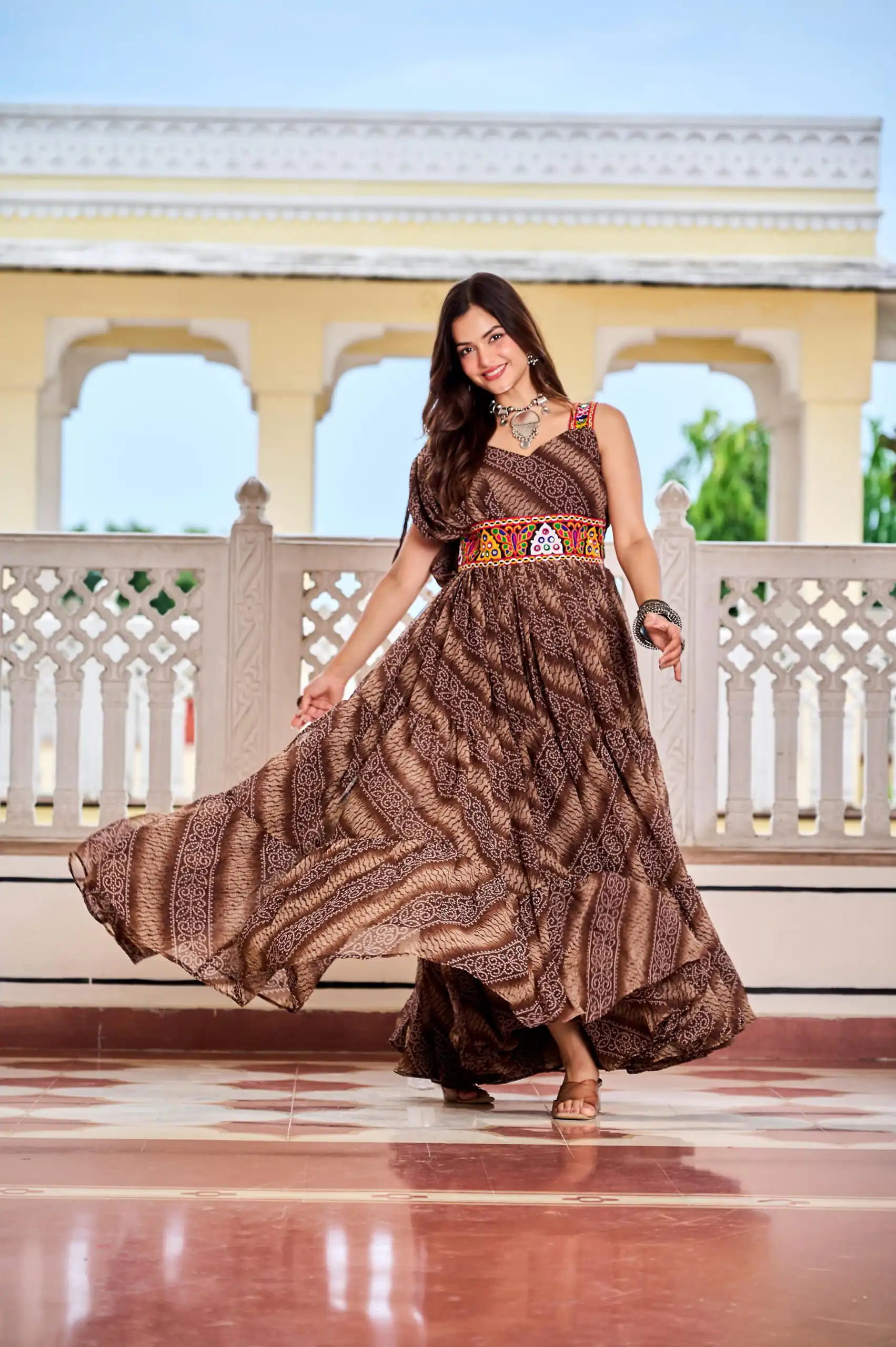 Aglow Brown Faux Georgette Printed Mirror Work Gown - Image 4