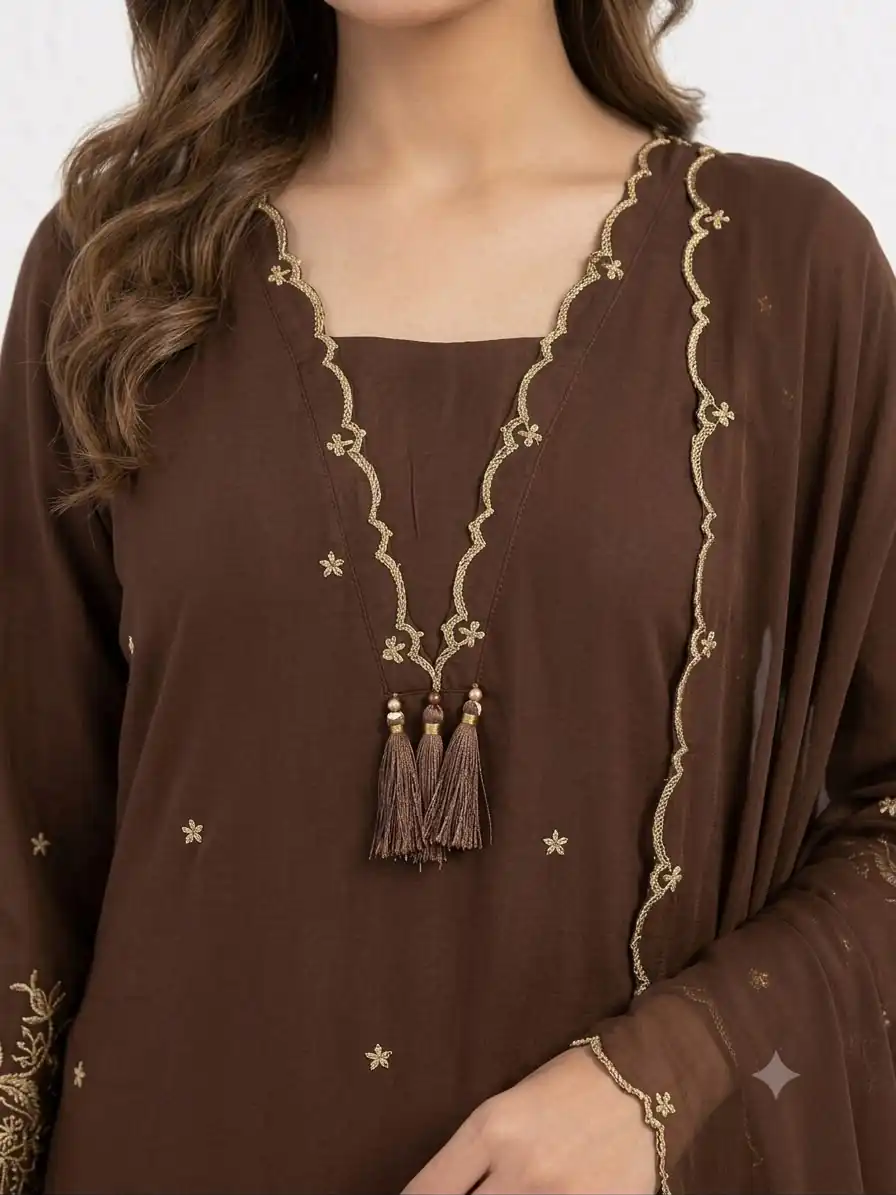 Aglow Brown Rayon Embroidery Lace Work Salwar Suit - Image 2