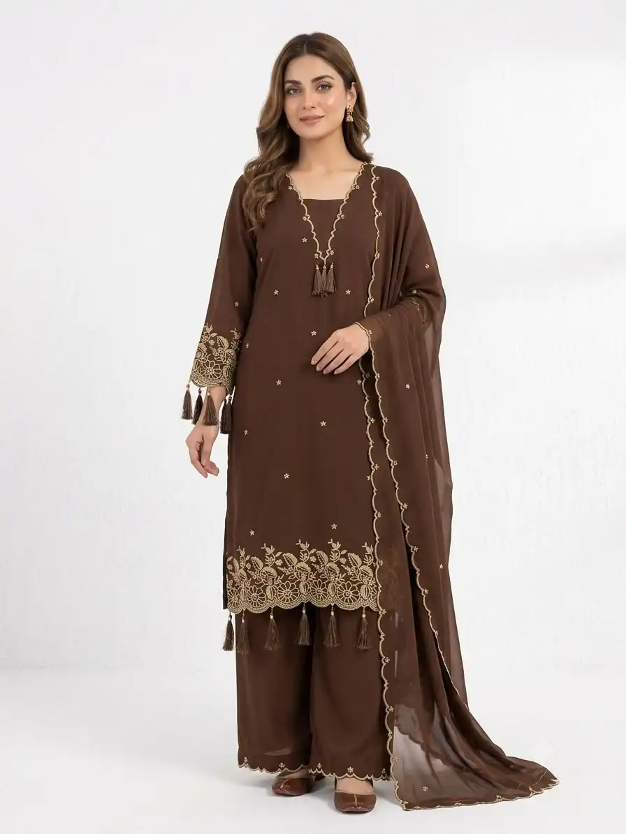 Aglow Brown Rayon Embroidery Lace Work Salwar Suit