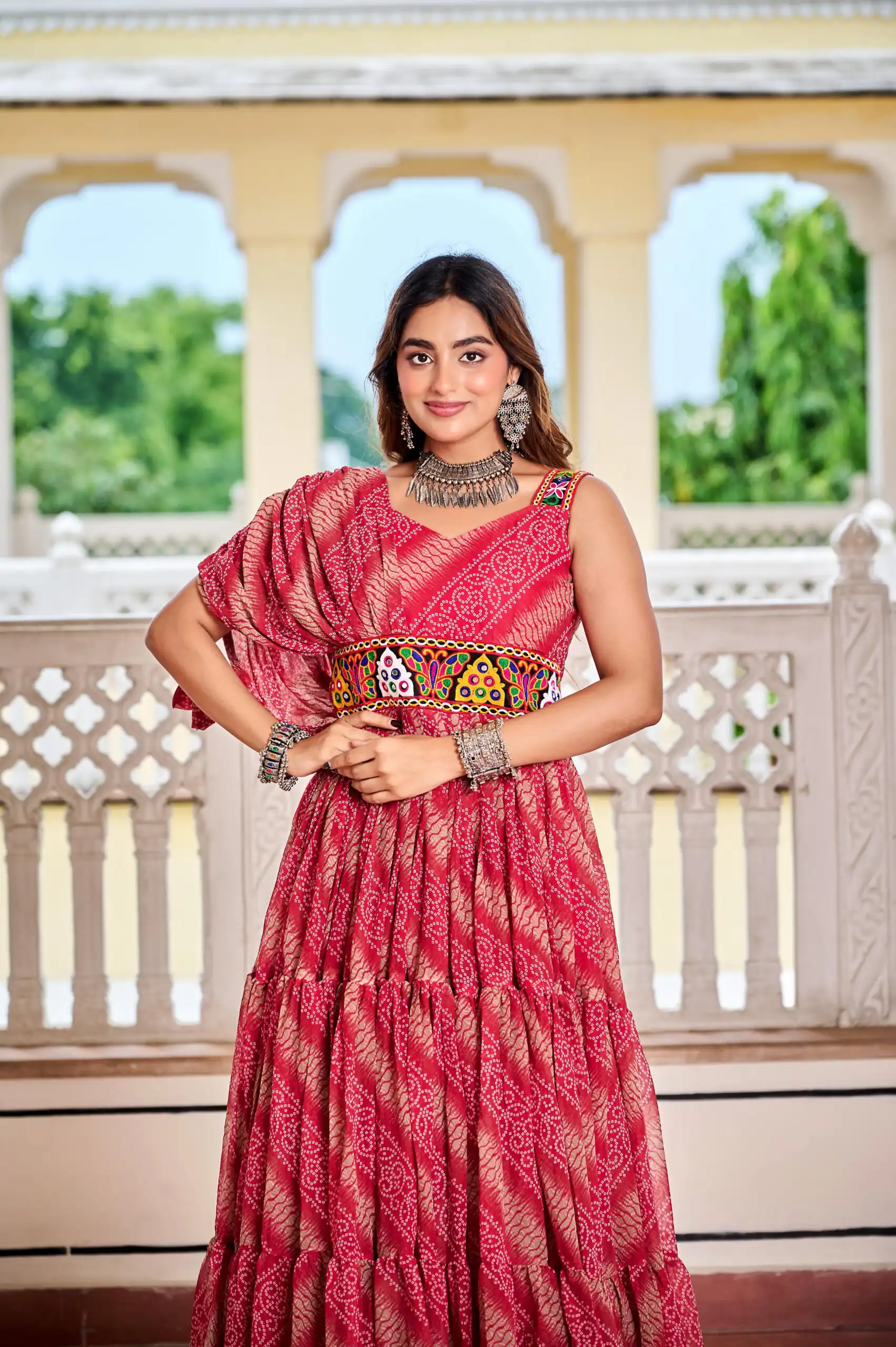 Aglow Red Faux Georgette Printed Mirror Work Gown - Image 5