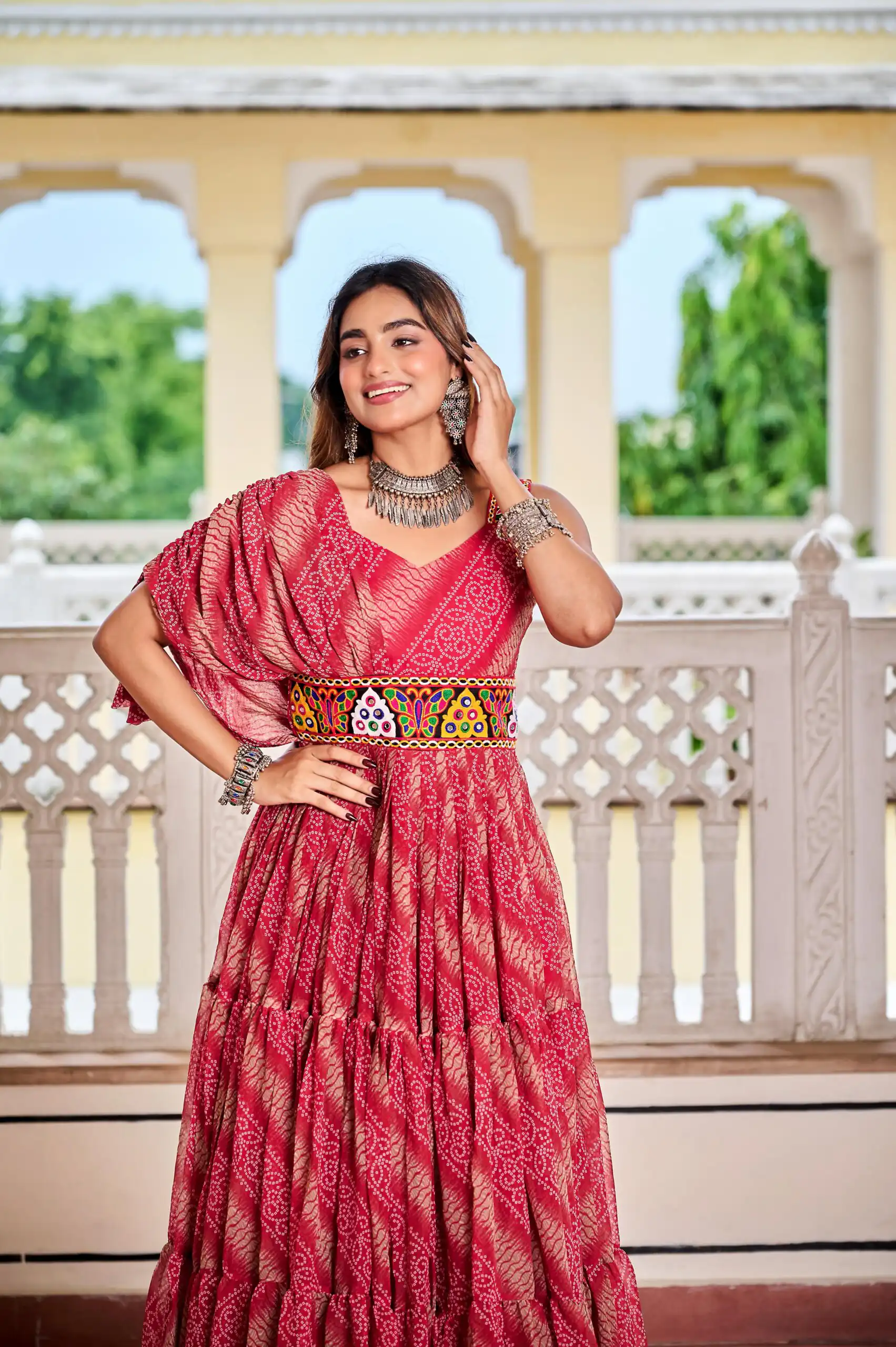 Aglow Red Faux Georgette Printed Mirror Work Gown - Image 4
