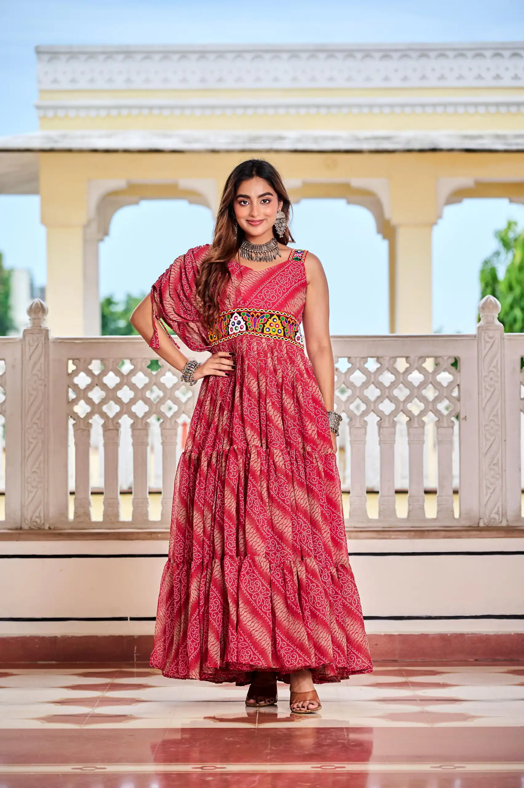 Aglow Red Faux Georgette Printed Mirror Work Gown - Image 3