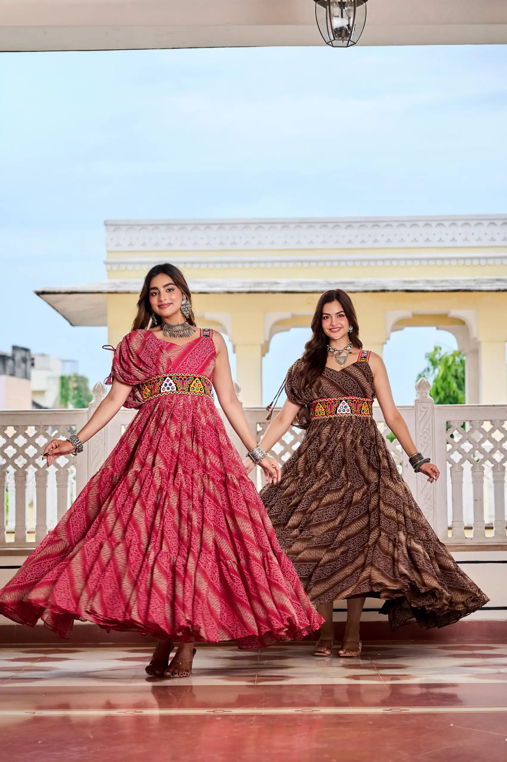 Aglow Red Faux Georgette Printed Mirror Work Gown - Image 9