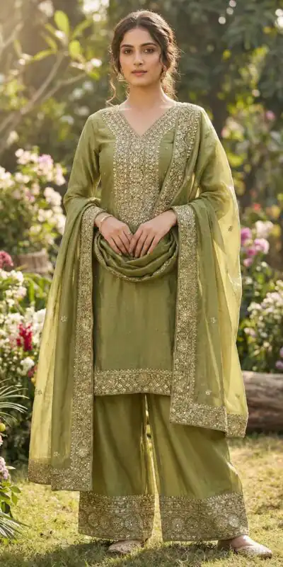 Alluring Mehandi Fendy Silk Sequence Work Salwar Suit