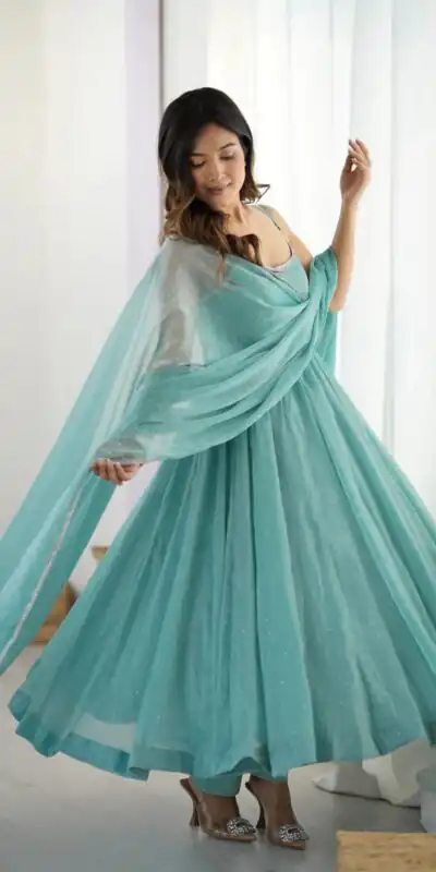 Alluring Sky Blue Crunchy Silk Piroshki Work Anarkali Suit