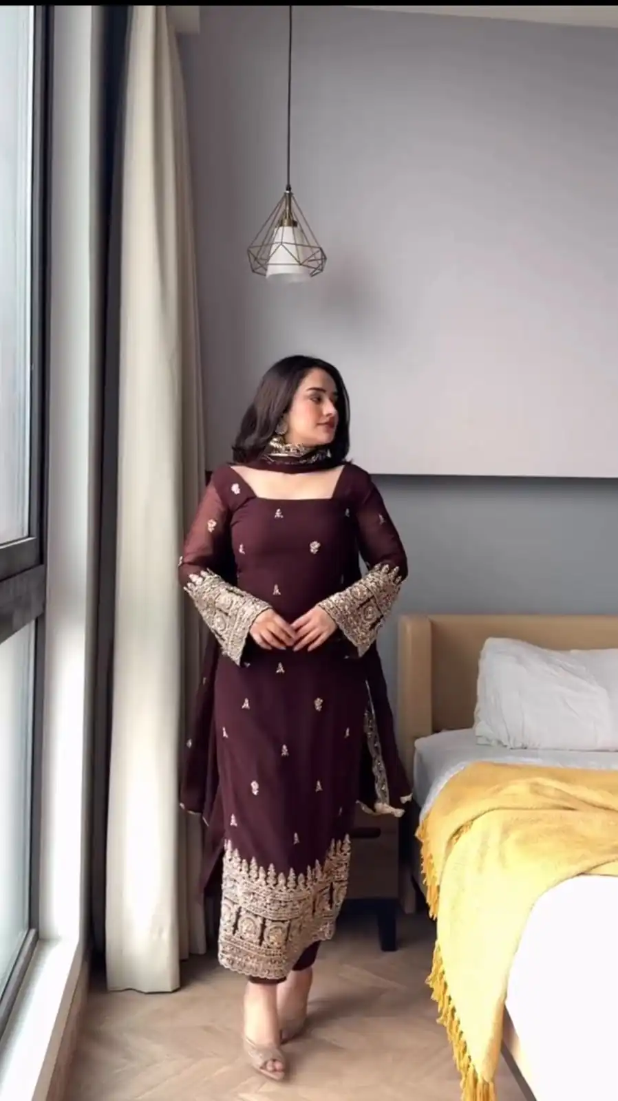 Attractive Brown Faux Georgette Sequence Work Salwar Suit - Image 2