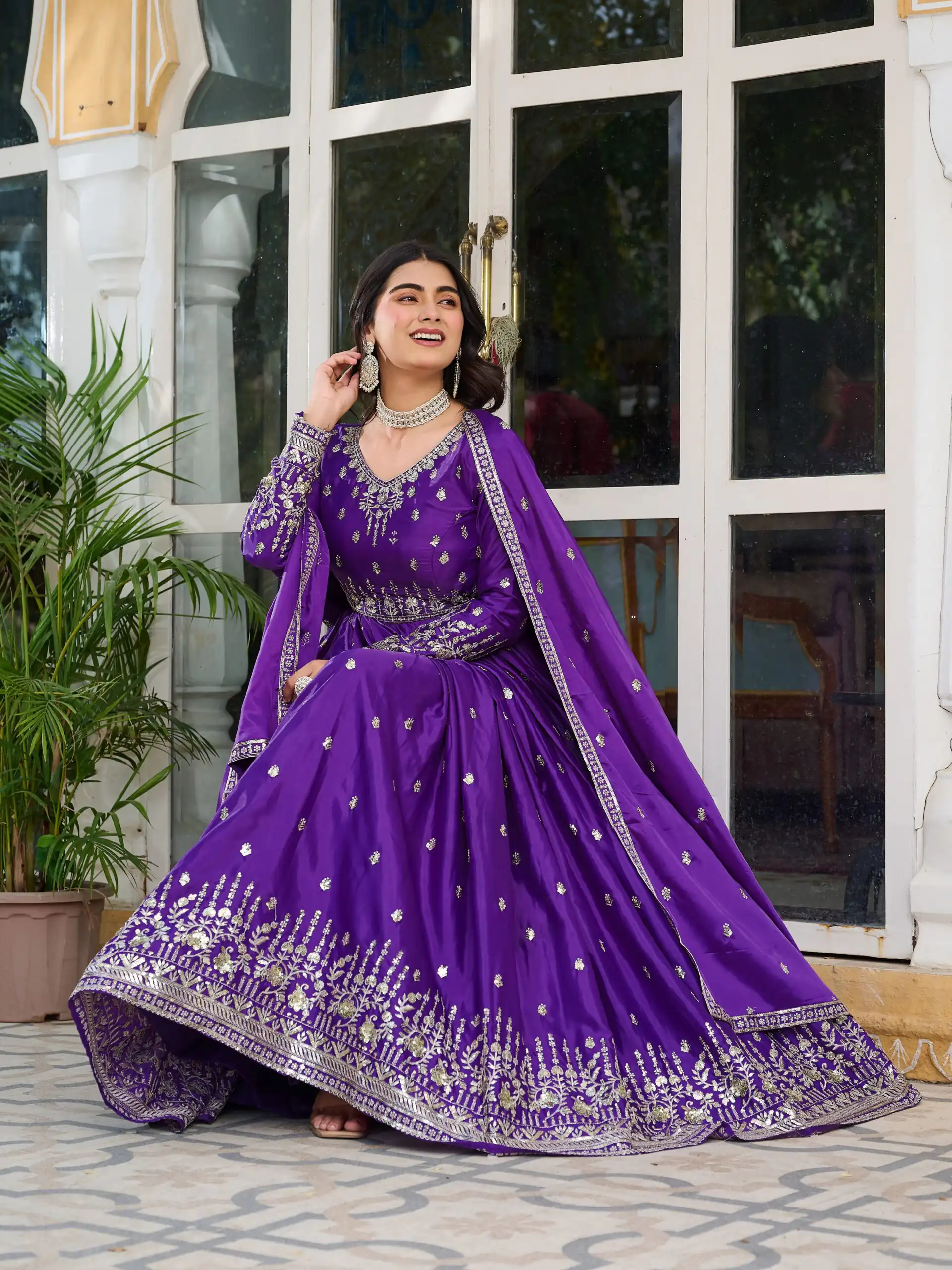 Attractive Purple American Silk Sequins Work Gown - Image 4