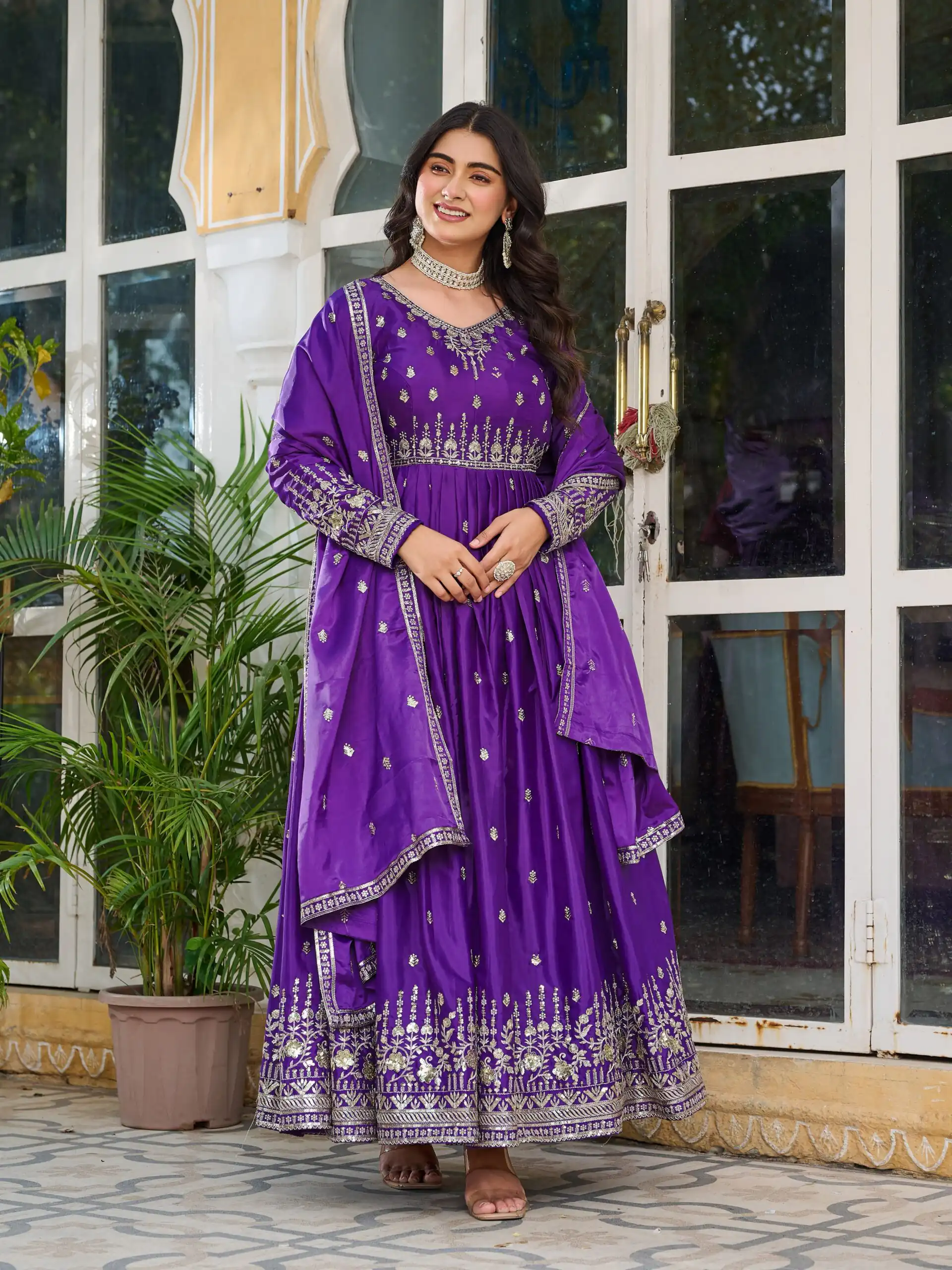 Attractive Purple American Silk Sequins Work Gown - Image 2