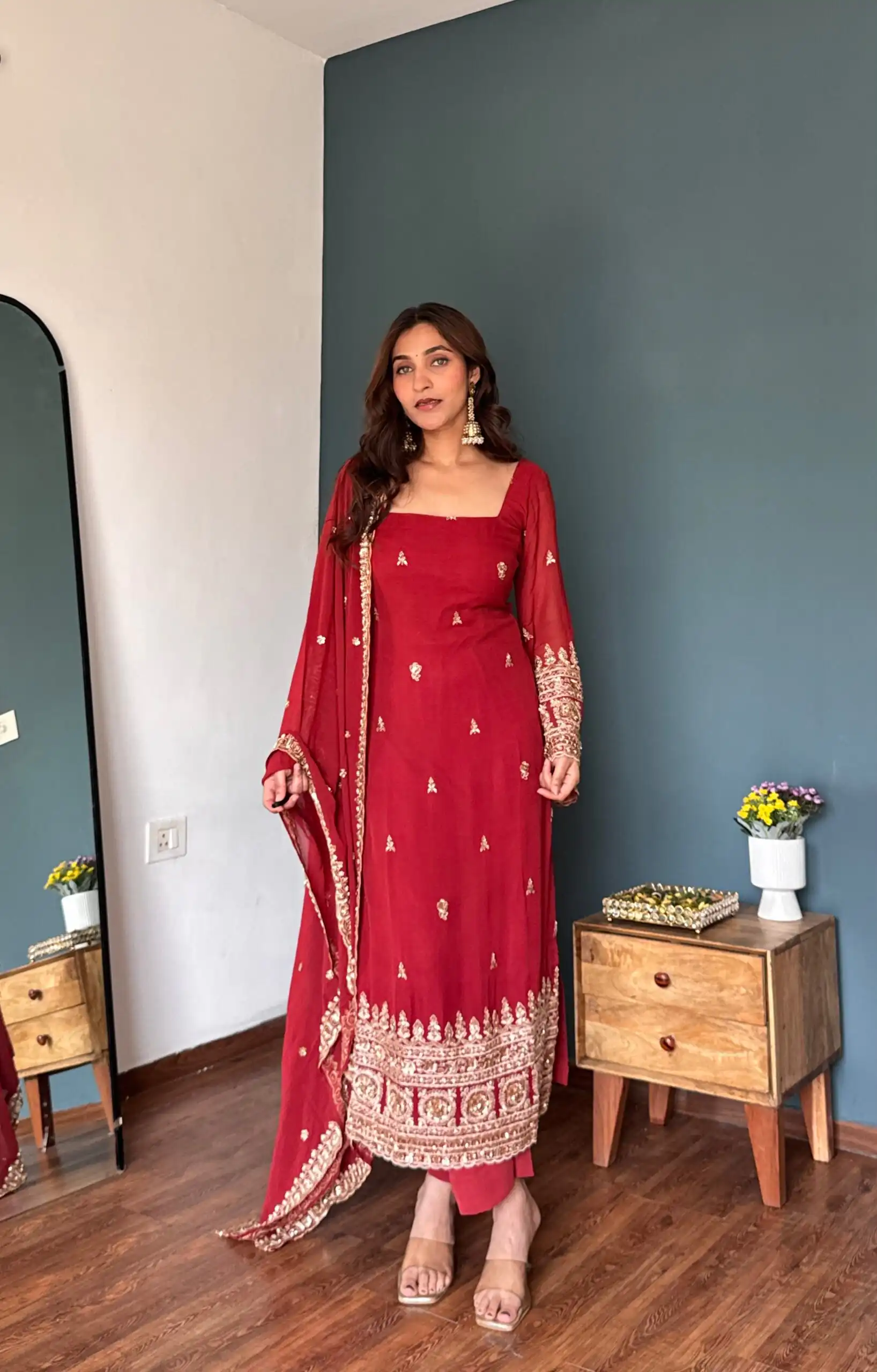 Attractive Red Faux Georgette Sequence Work Salwar Suit - Image 3