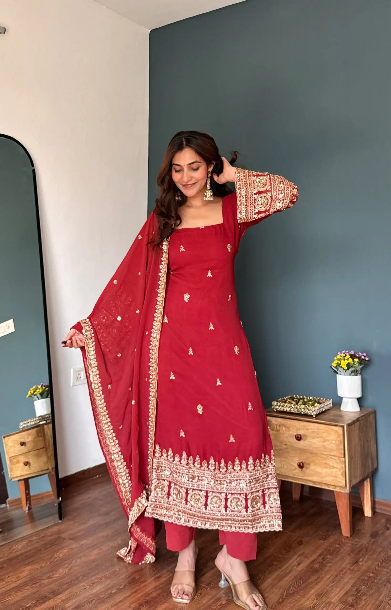 Attractive Red Faux Georgette Sequence Work Salwar Suit - Image 2