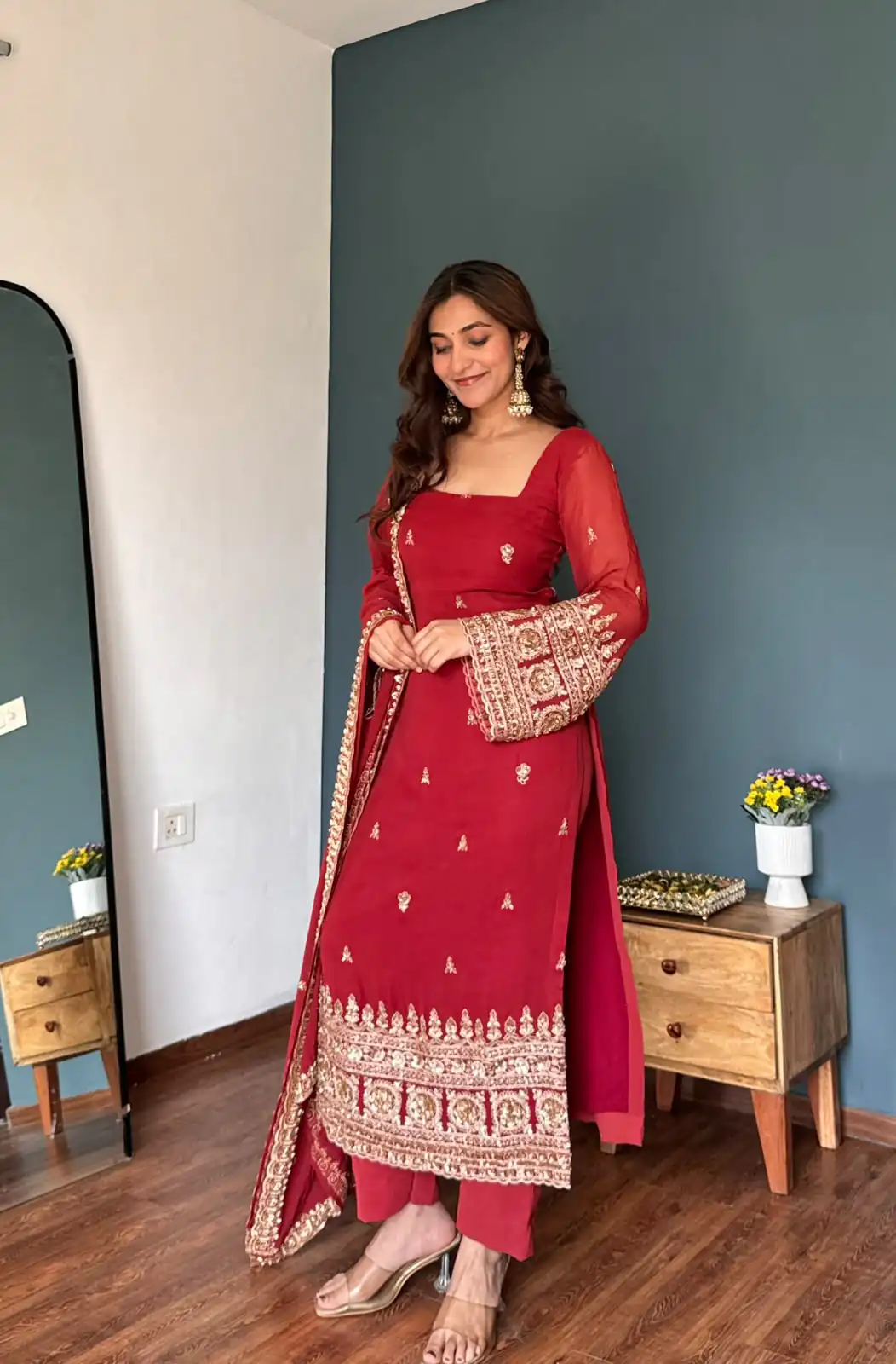 Attractive Red Faux Georgette Sequence Work Salwar Suit