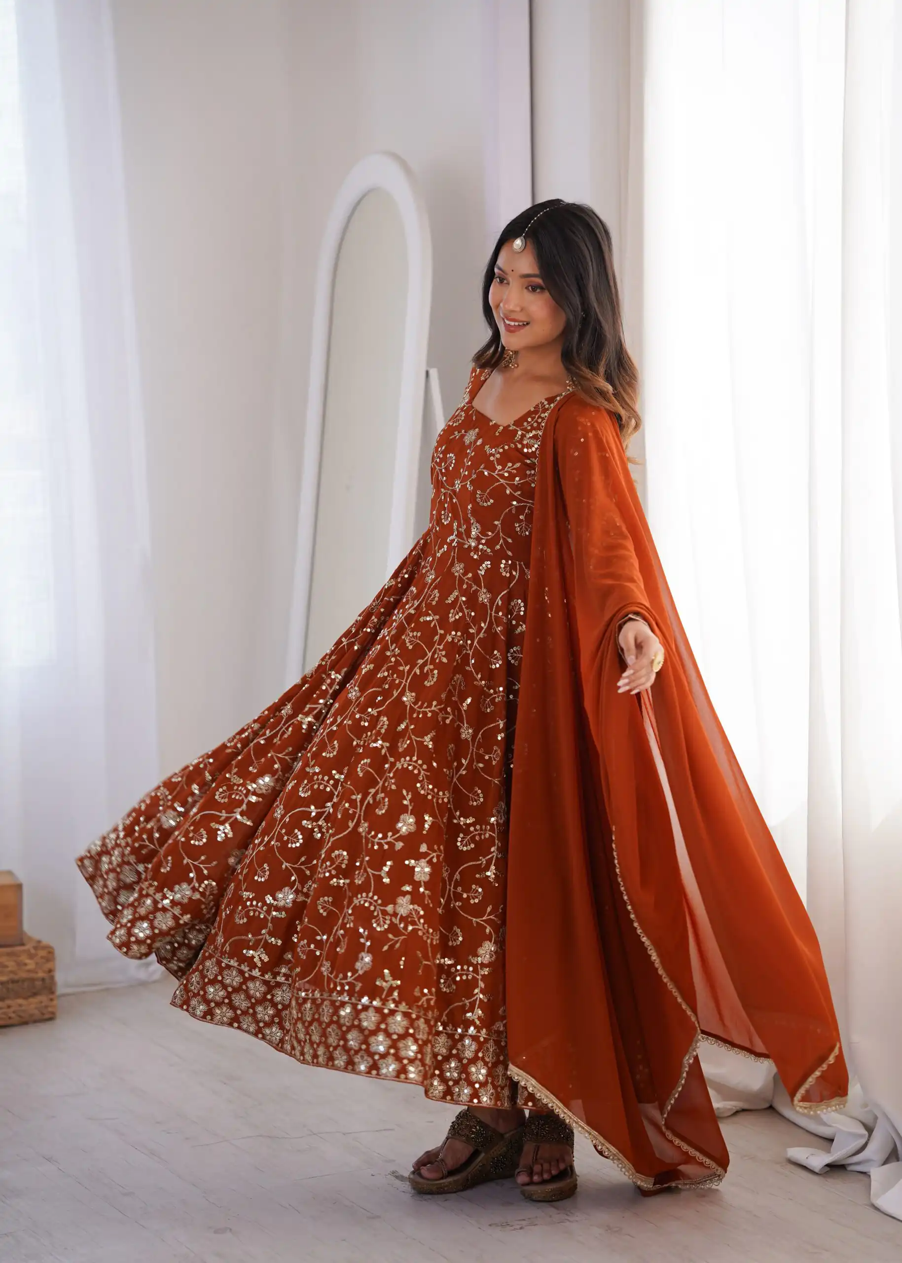 Beautiful Rust Fox Georgette Embroidery Work Gown - Image 8
