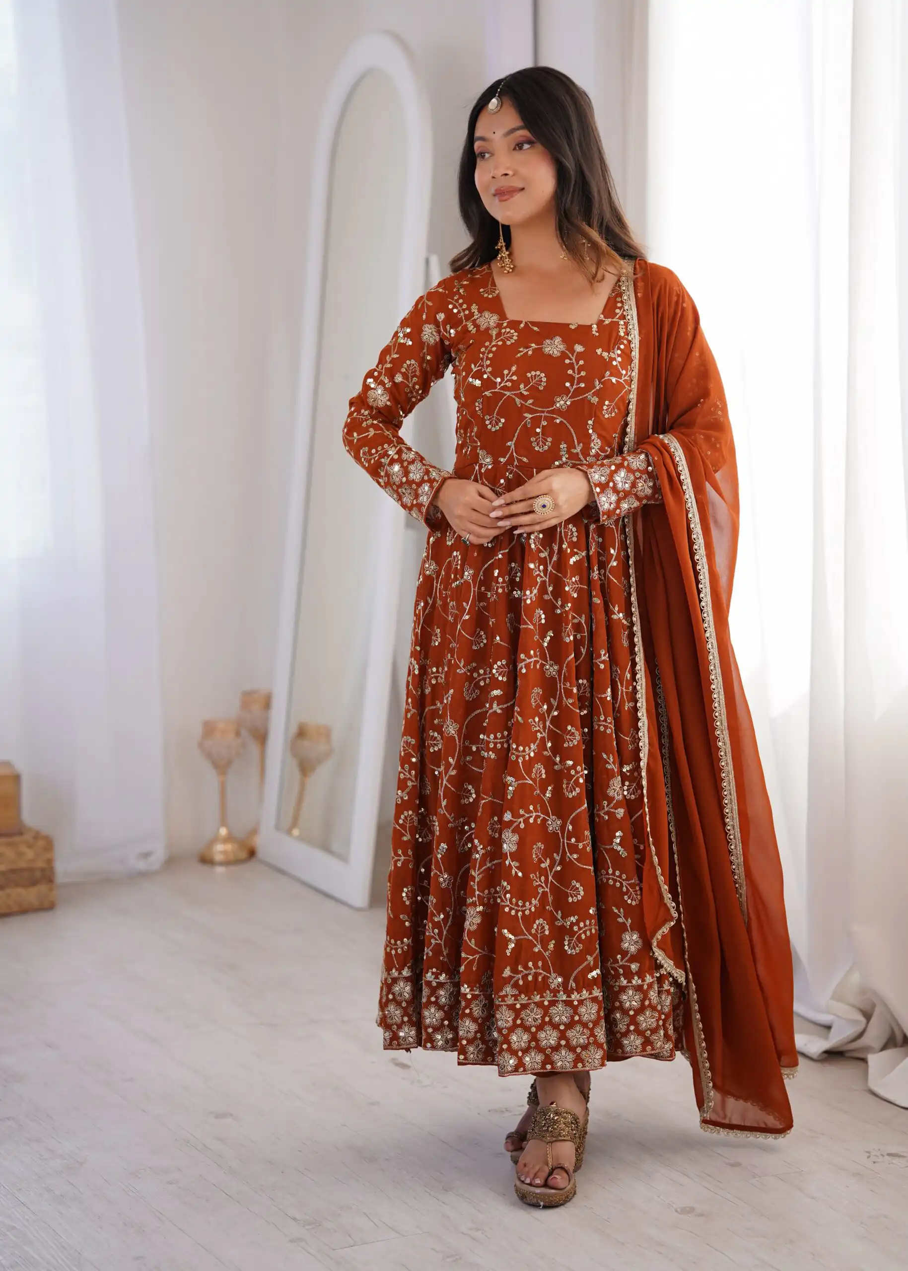 Beautiful Rust Fox Georgette Embroidery Work Gown - Image 5