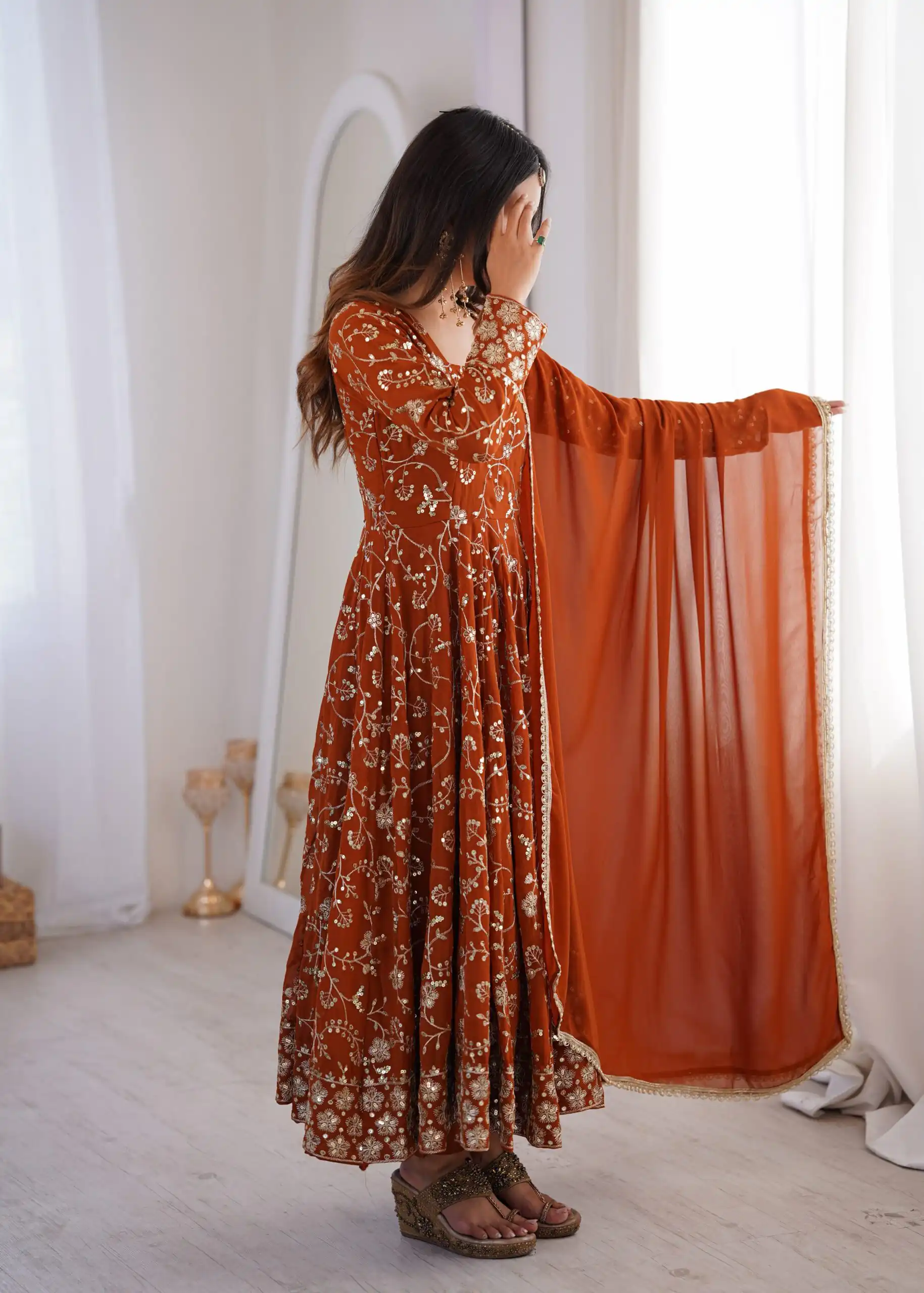 Beautiful Rust Fox Georgette Embroidery Work Gown - Image 3