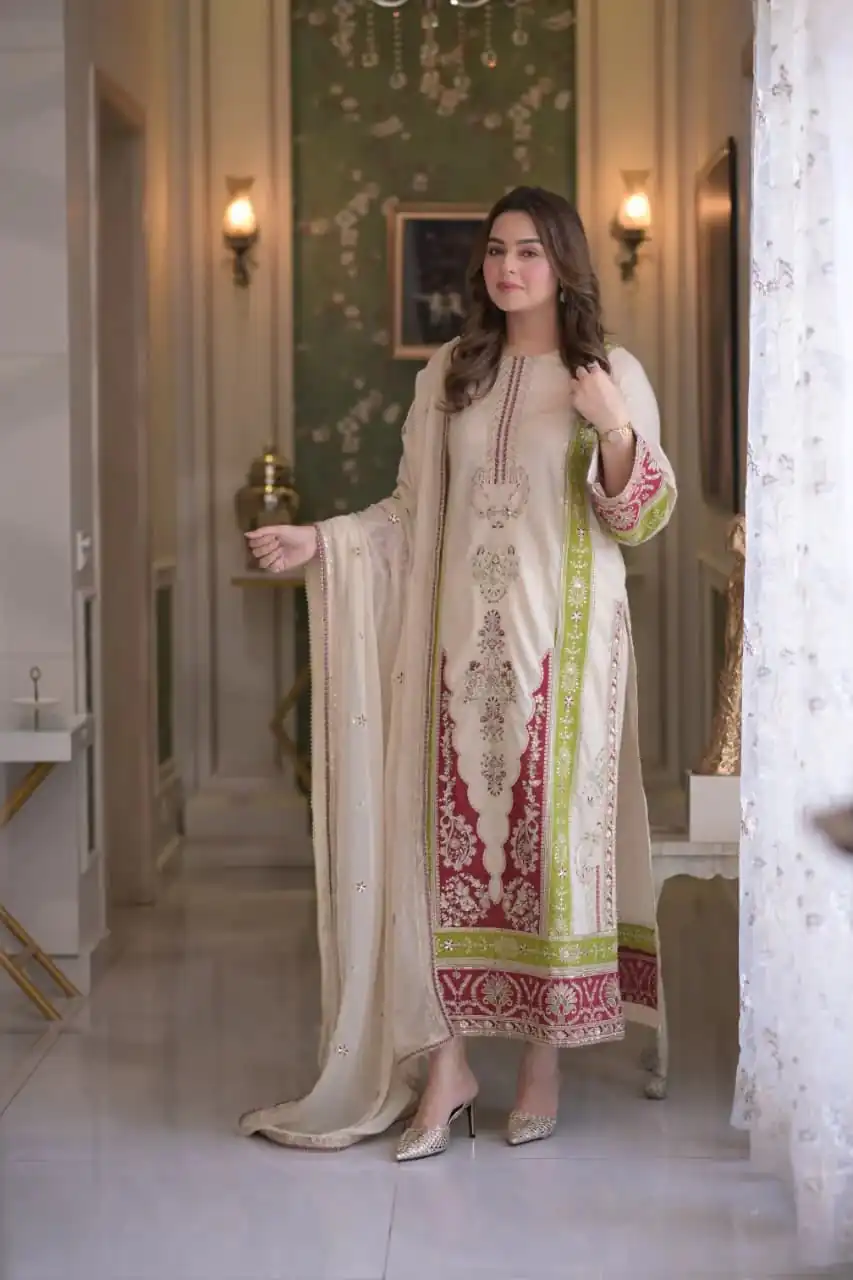 Best Cream Roman Silk Embroidery Work Salwar Suit - Image 9