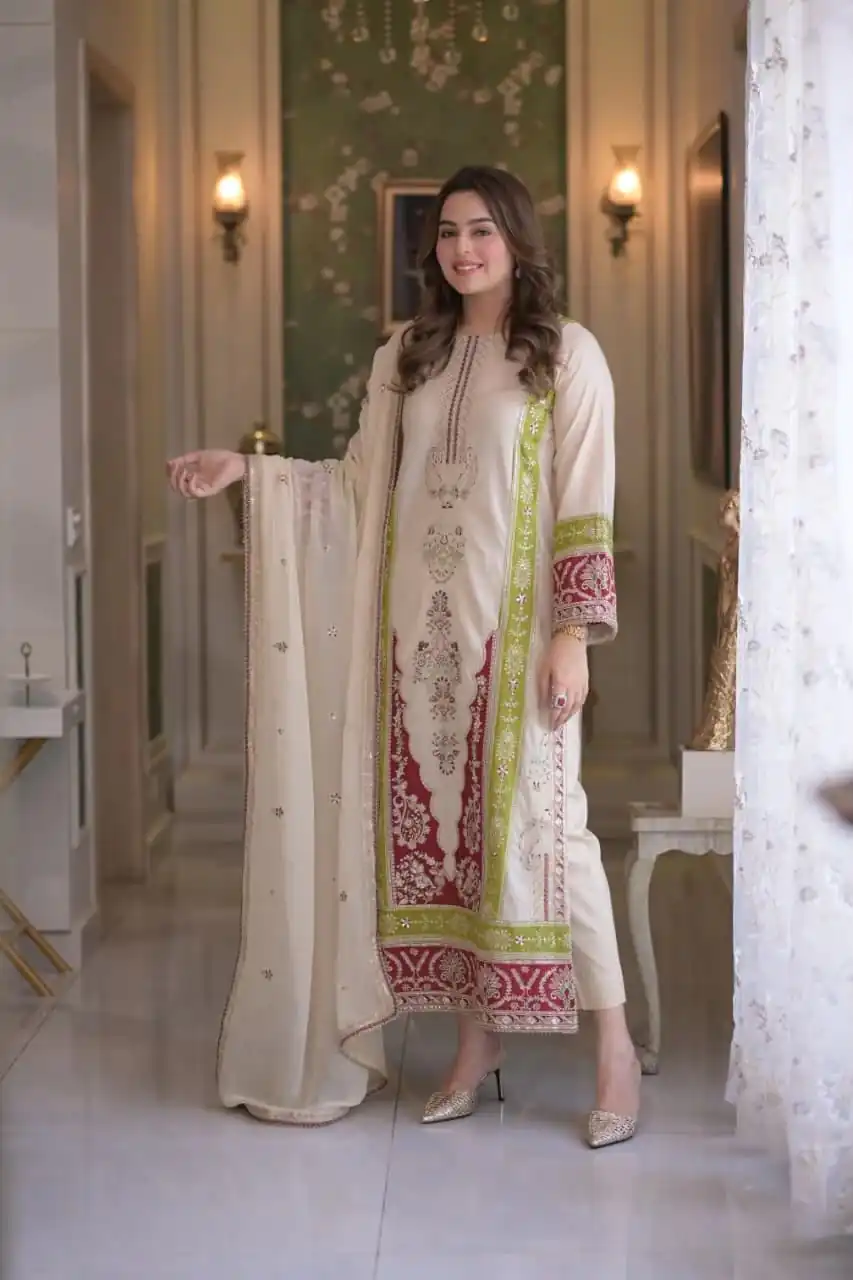 Best Cream Roman Silk Embroidery Work Salwar Suit - Image 6