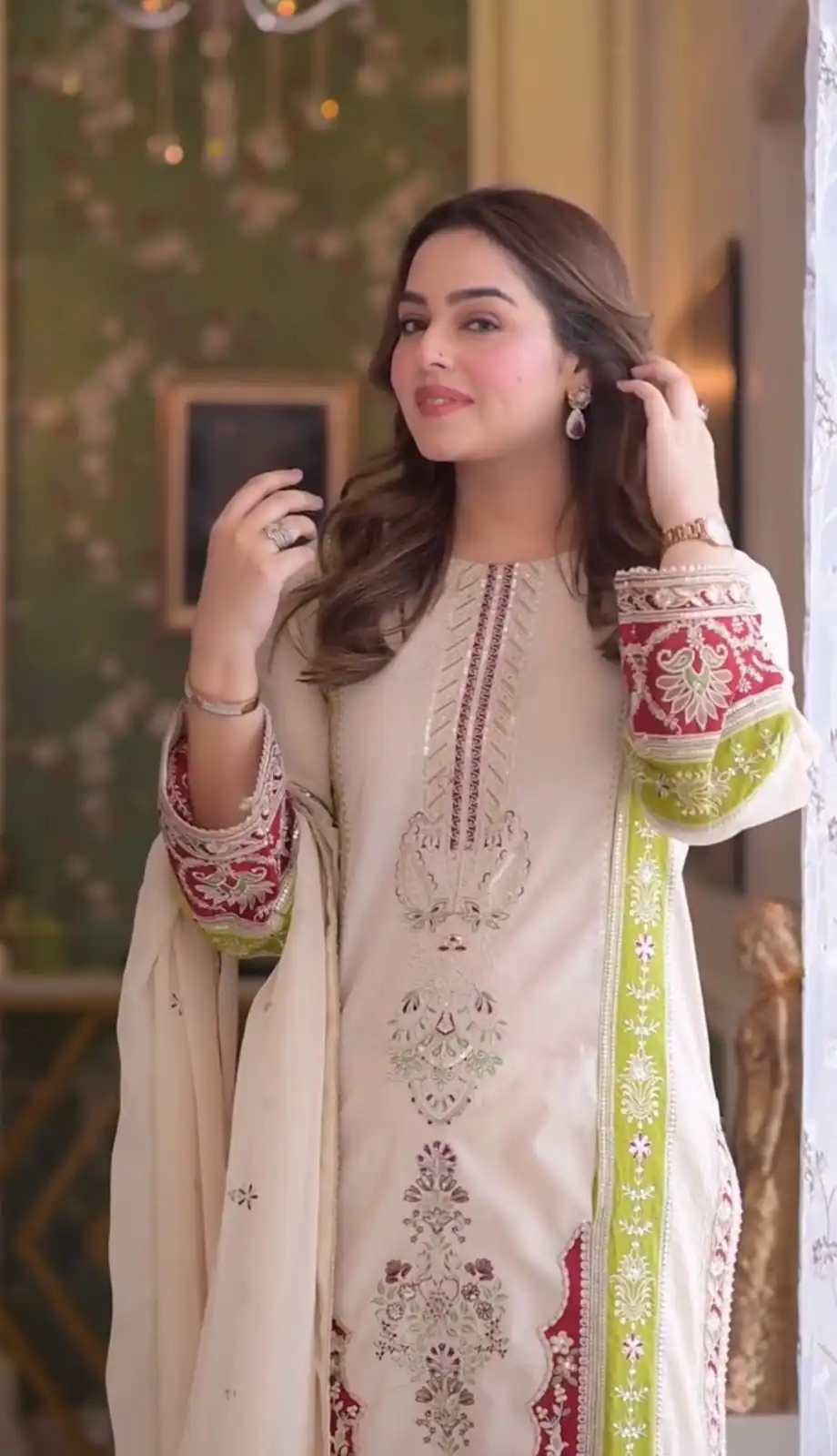 Best Cream Roman Silk Embroidery Work Salwar Suit - Image 5