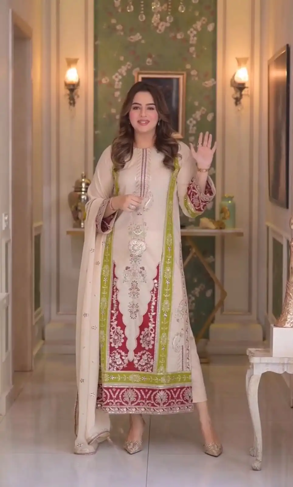 Best Cream Roman Silk Embroidery Work Salwar Suit - Image 2