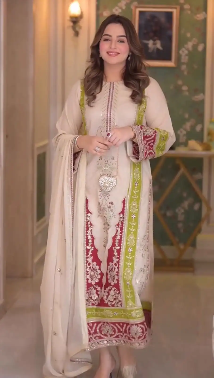 Best Cream Roman Silk Embroidery Work Salwar Suit