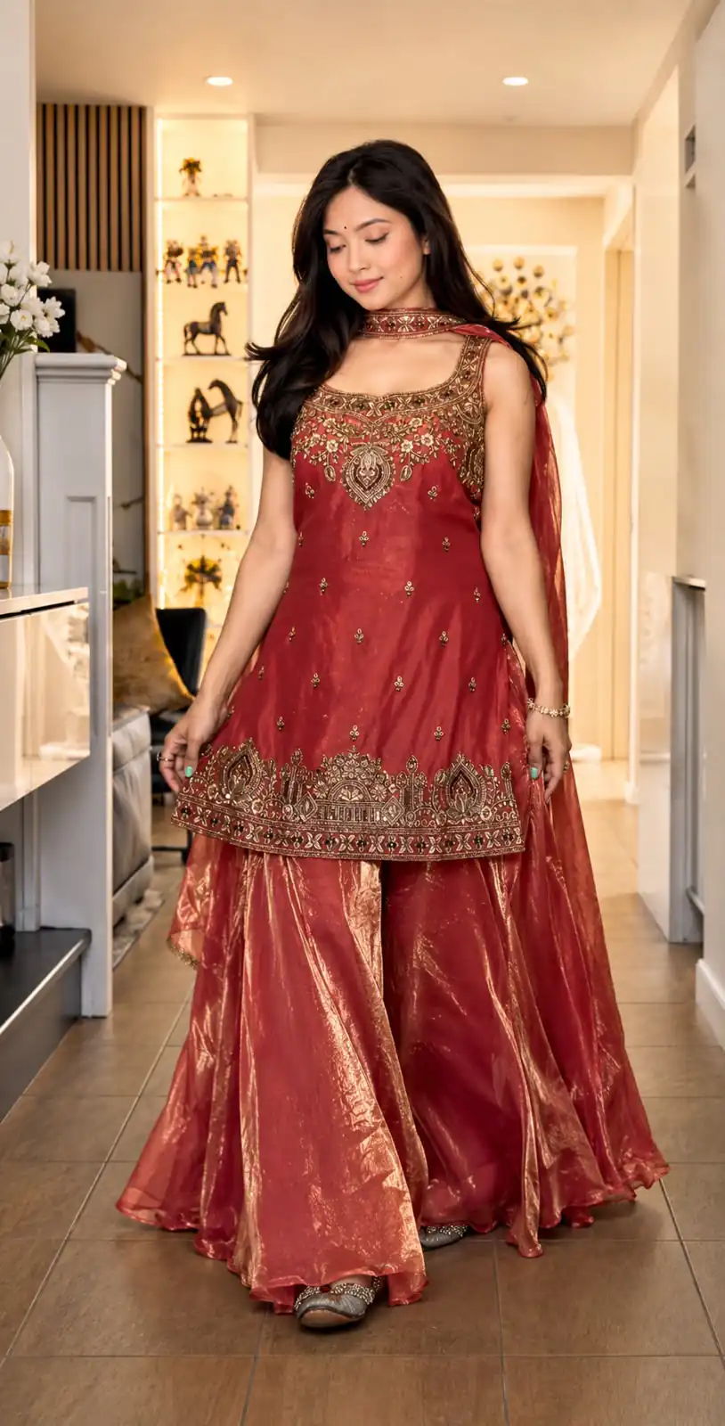Bright Red Frendy Silk Zari Embroidery Work Salwar Suit