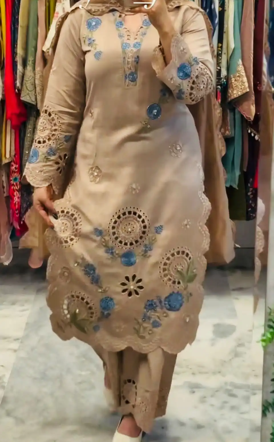 Classic Chiku Roman Embroidery Cut Work Salwar Suit - Image 2