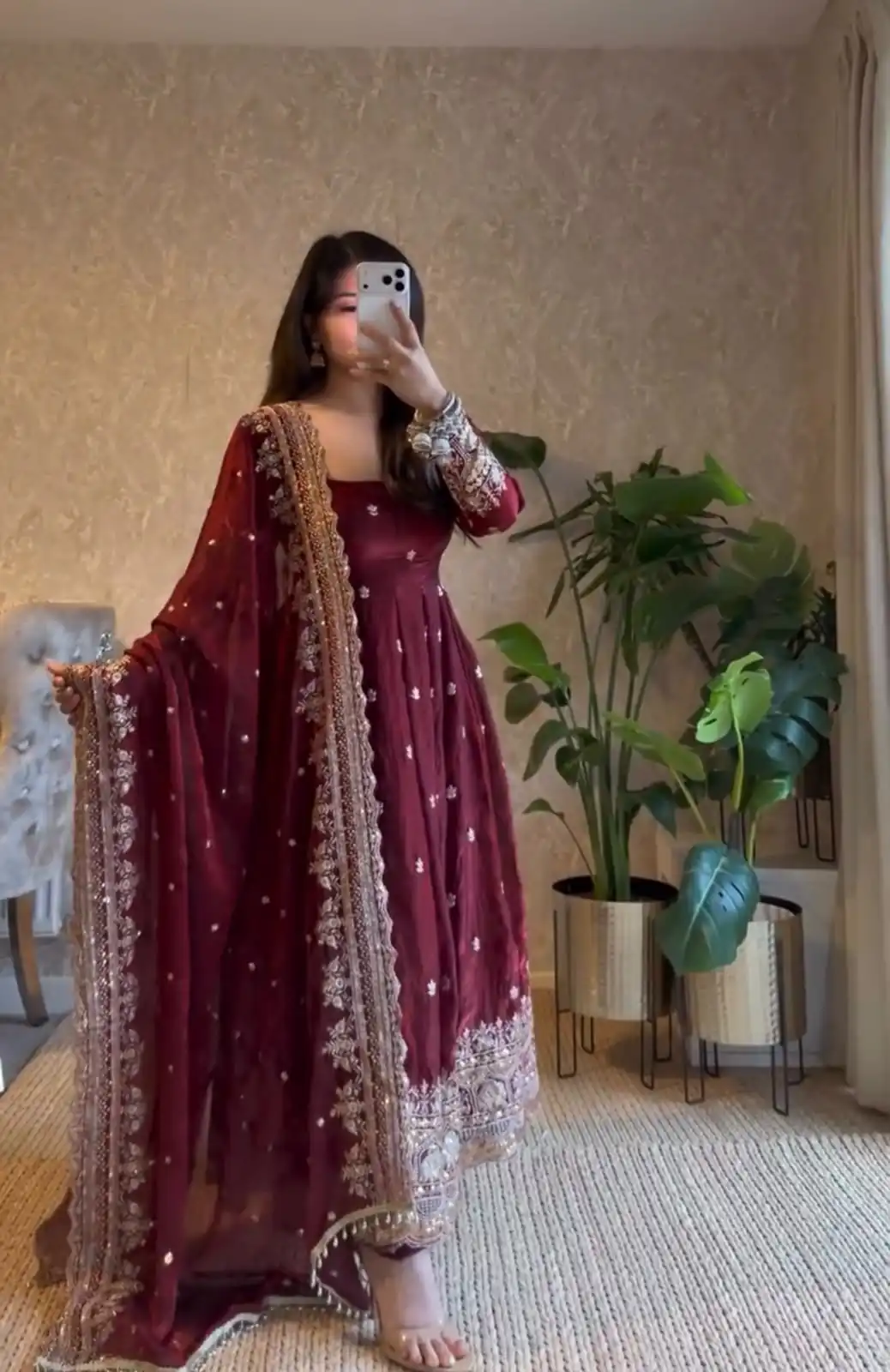Classic Maroon Georgette Embroidery Work Gown - Image 3