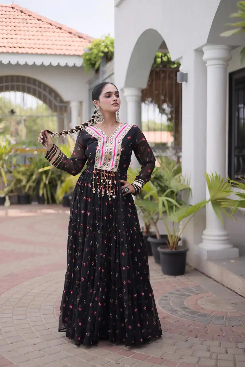 Cool Black Faux Georgette Laheriya Print Work Gown - Image 3