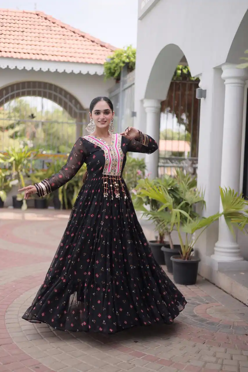 Cool Black Faux Georgette Laheriya Print Work Gown - Image 2