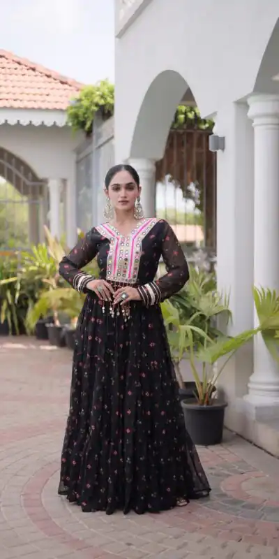 Cool Black Faux Georgette Laheriya Print Work Gown