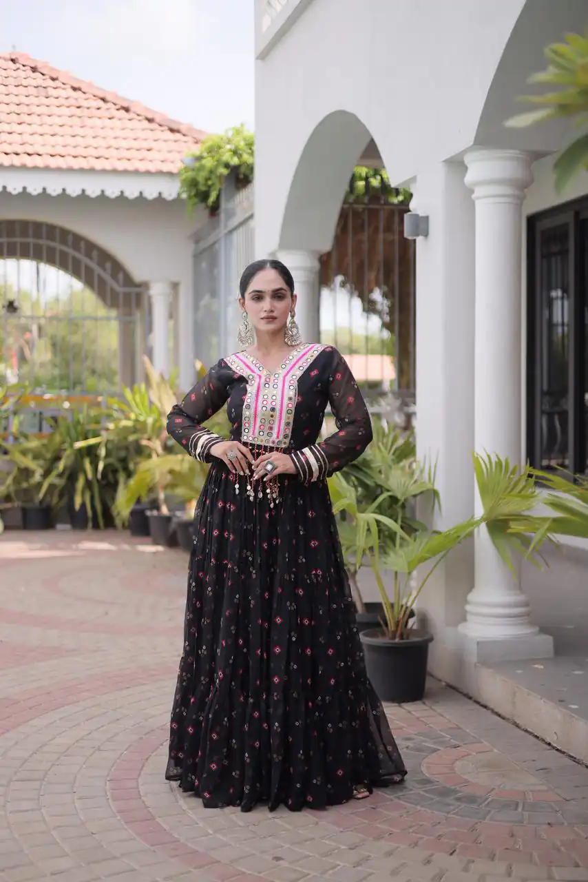 Cool Black Faux Georgette Laheriya Print Work Gown